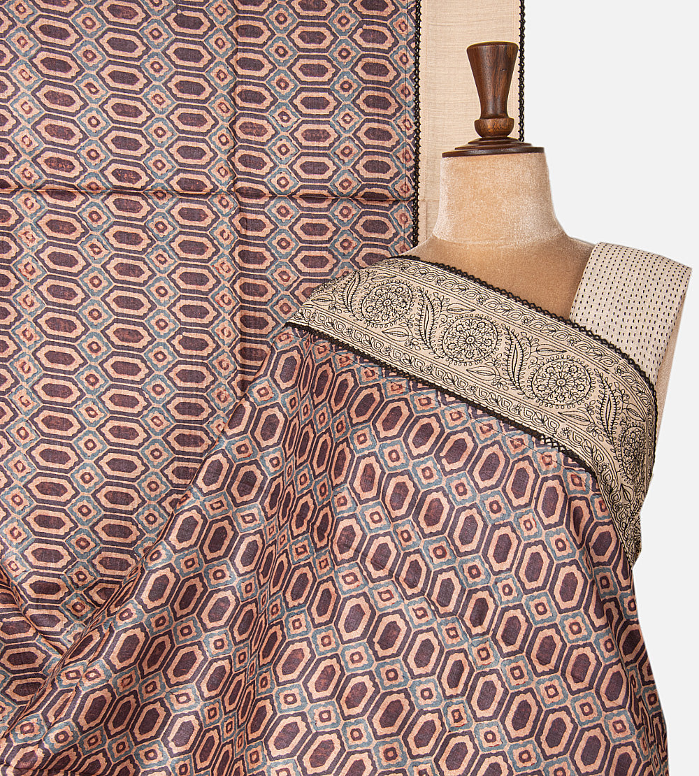 Multicolour Tussar Ajrakh Printed Saree