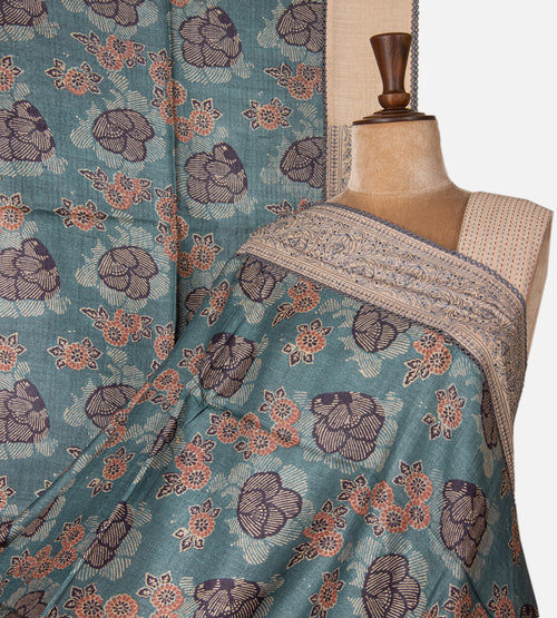 Blue Tussar Ajrakh Printed Saree