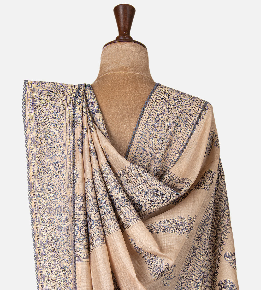 Blue Tussar Ajrakh Printed Saree