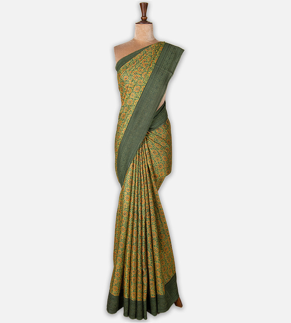 Green Tussar Ajrakh Printed Saree