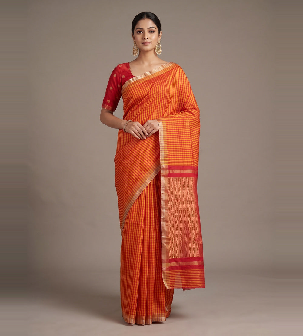 Orange And Red Raw Silk Saree