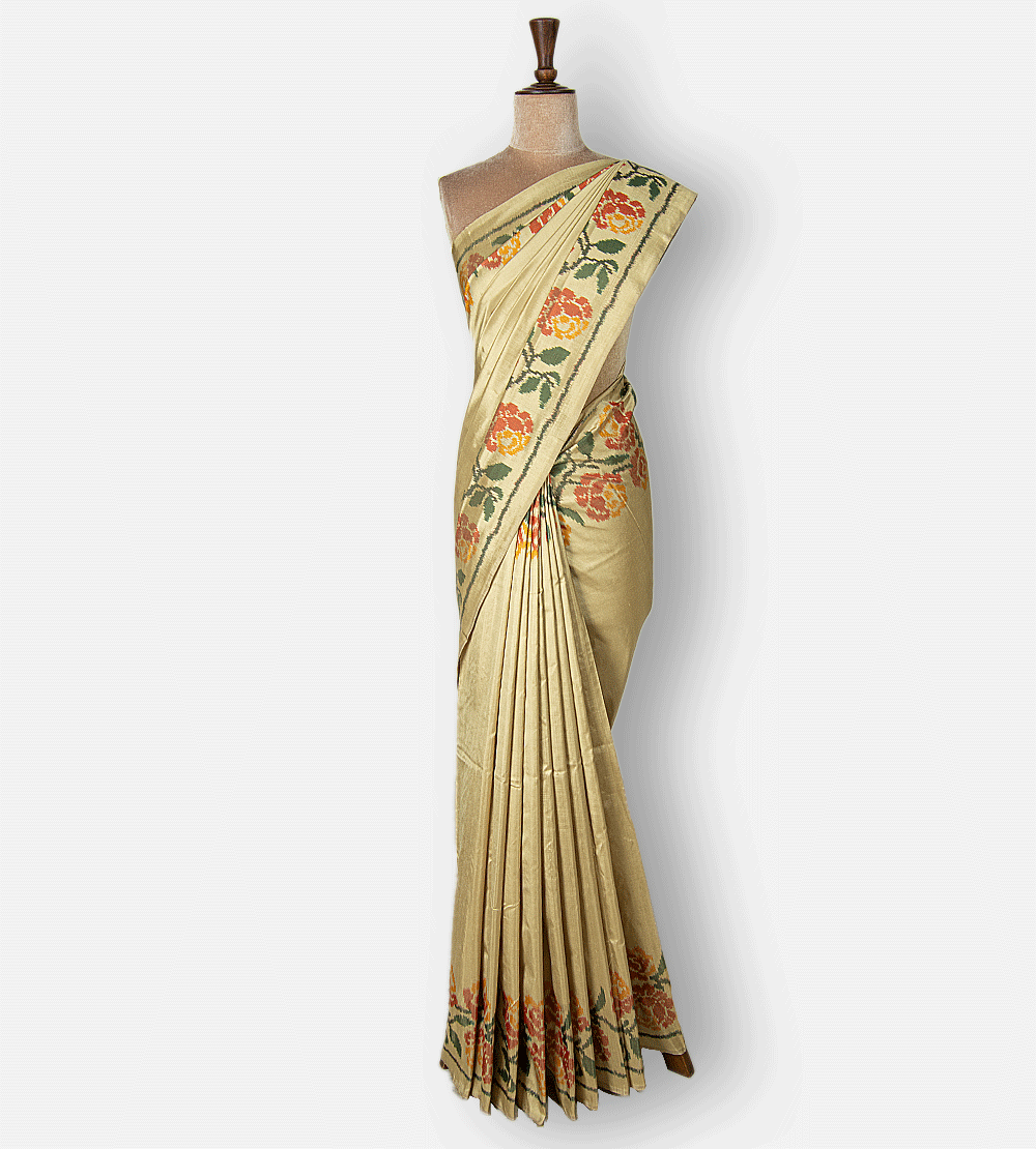 Creme Ikkat Silk Saree