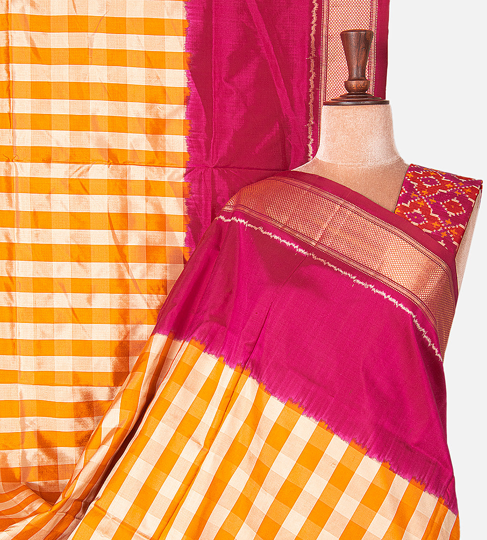 Tangerine Yellow and Light Beige Ikkat Silk Saree