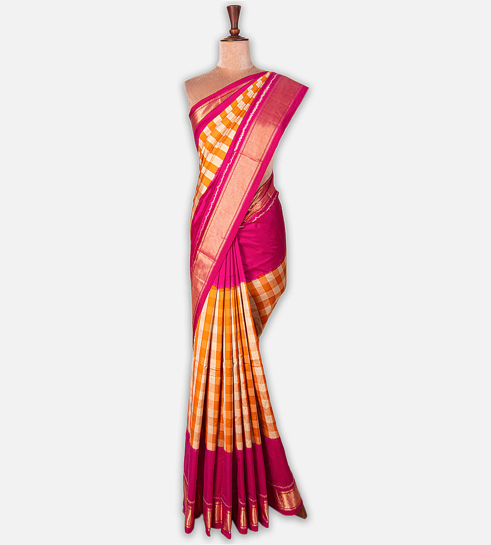 Tangerine Yellow and Light Beige Ikkat Silk Saree