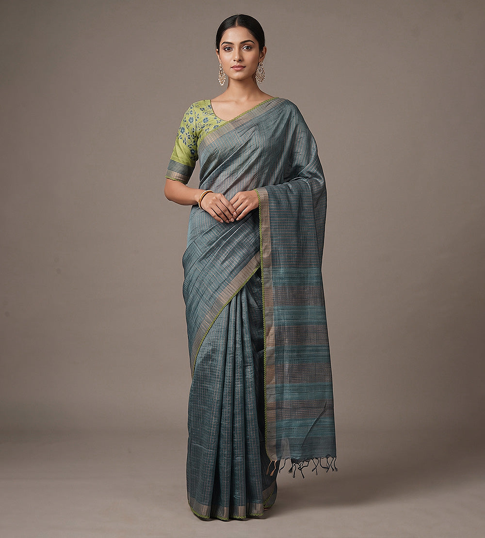 Slate Blue Tussar Saree
