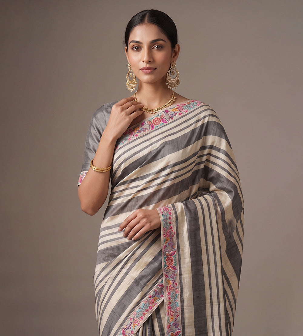 Grey and Beige Tussar Saree