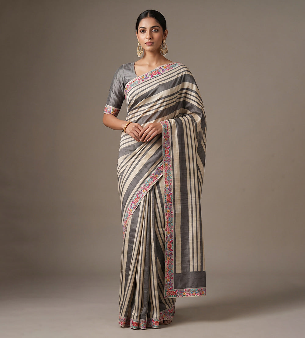 Grey and Beige Tussar Saree