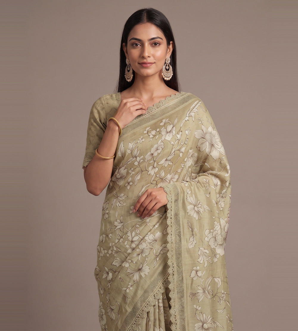 Olive Green Linen Saree