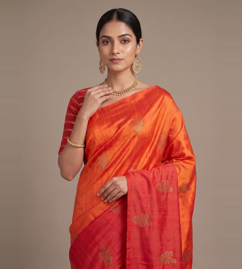 Orange and Red Banarasi Tussar Saree