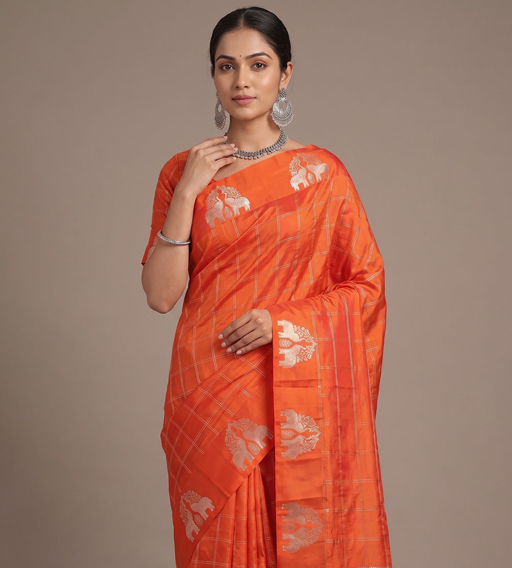 Orange Banarasi Kattan Silk Saree