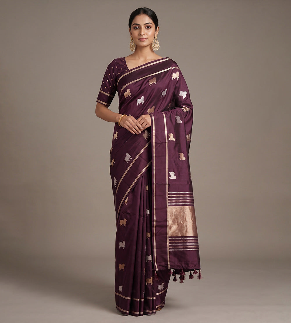 Aubergine Purple Banarasi Kattan Silk Saree