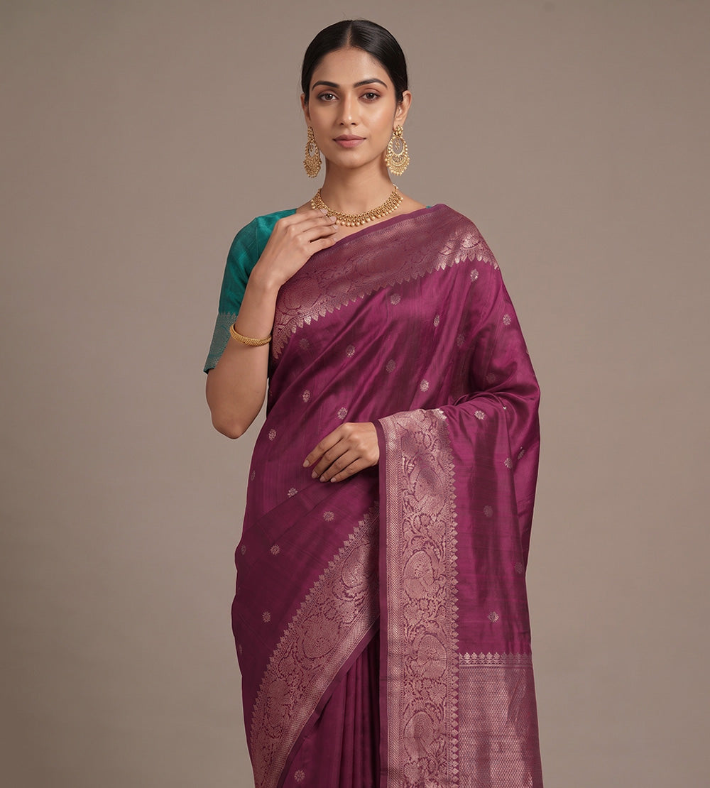 Dark Pink Banarasi Tussar Saree