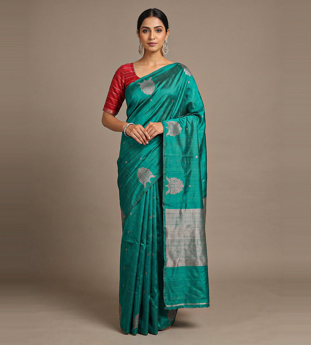Teal Banarasi Tussar Saree