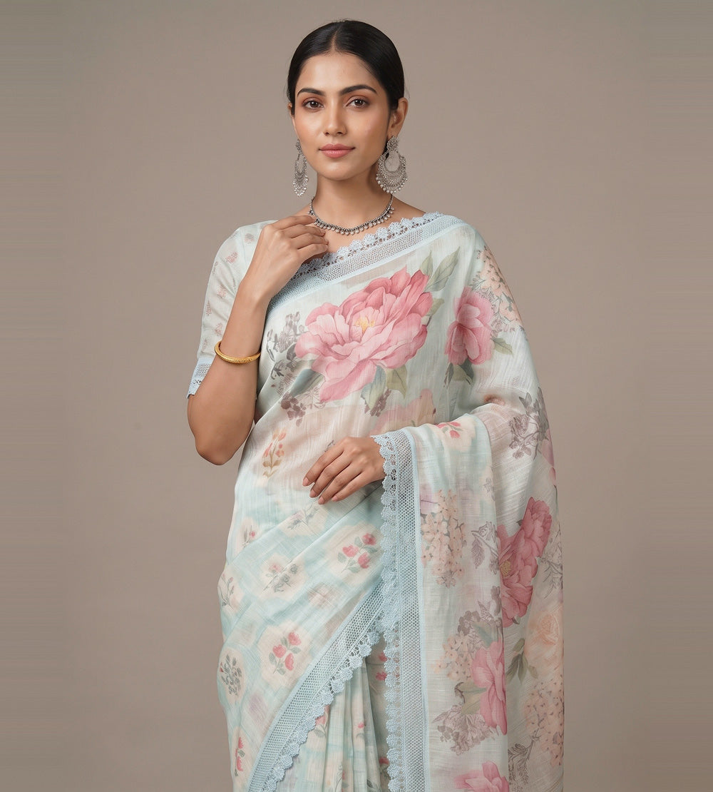 Pastel Blue Linen Saree