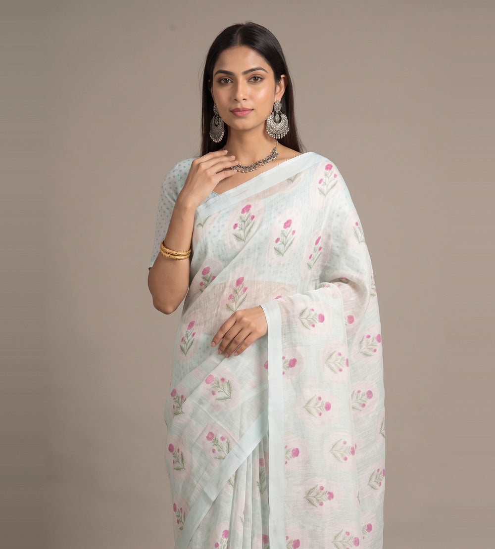 Pastel Blue Linen Saree