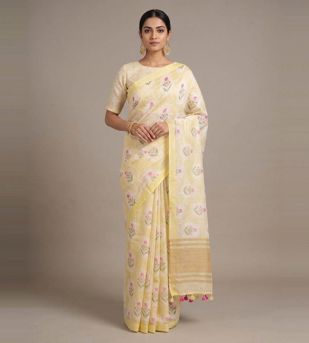 Pastel Yellow Linen Saree