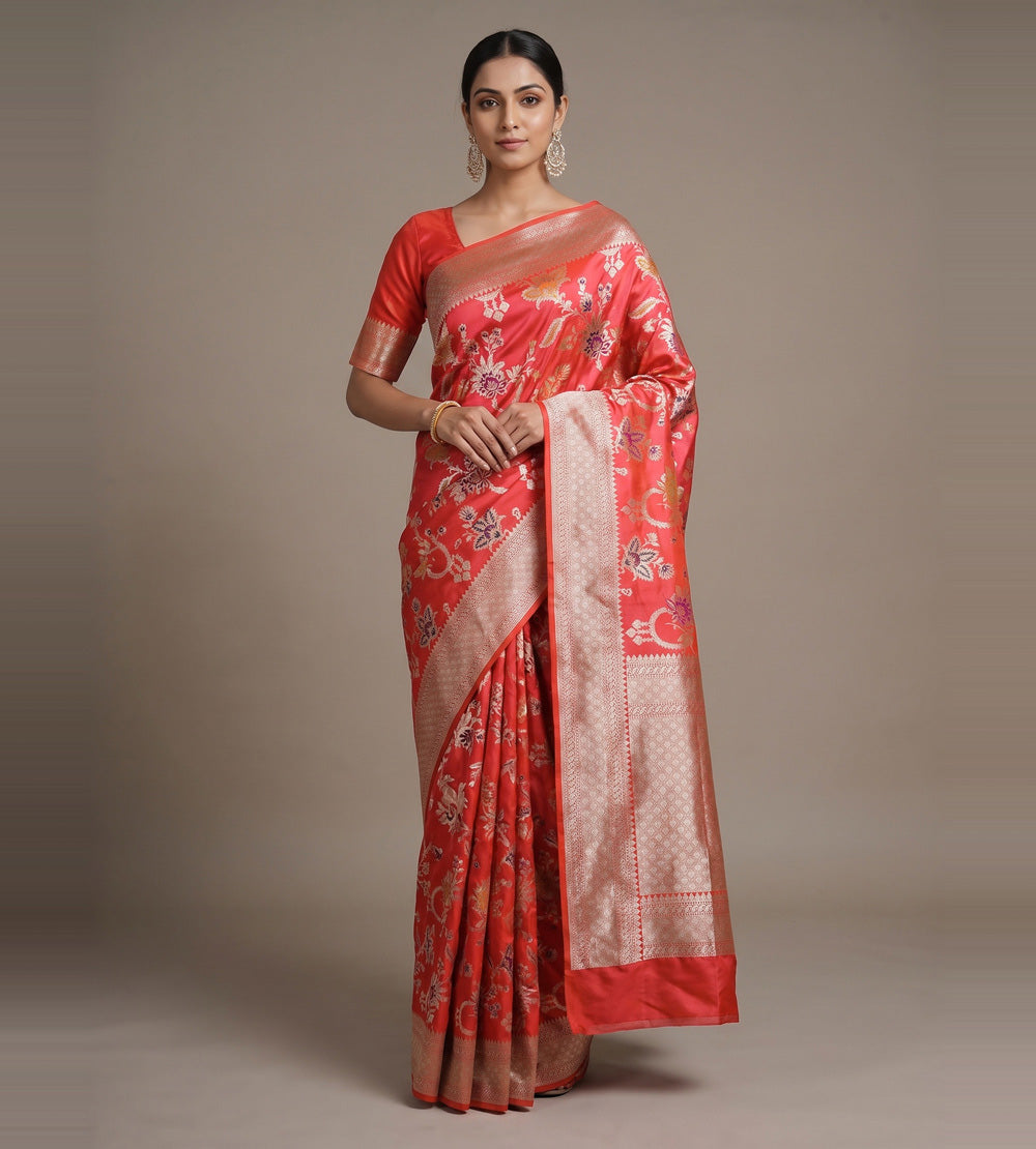 Orangish Pink Banarasi Silk Saree