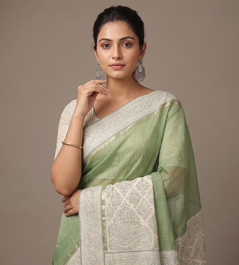 Green Organza Tussar Saree