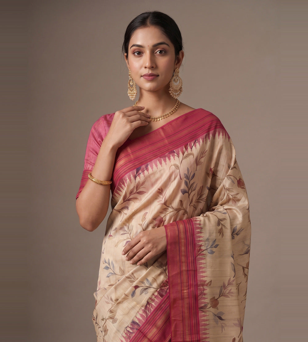 Beige Tussar Saree