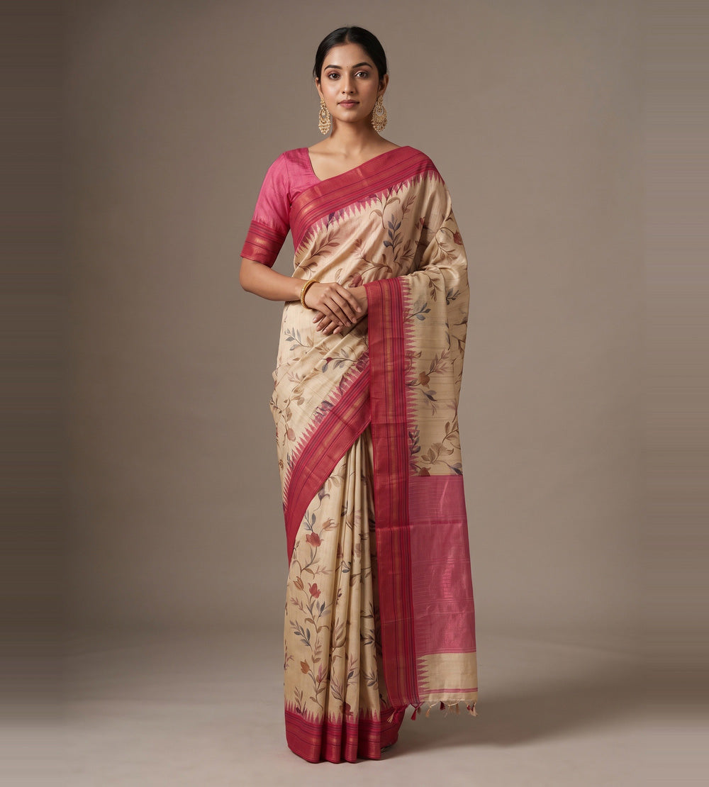 Beige Tussar Saree