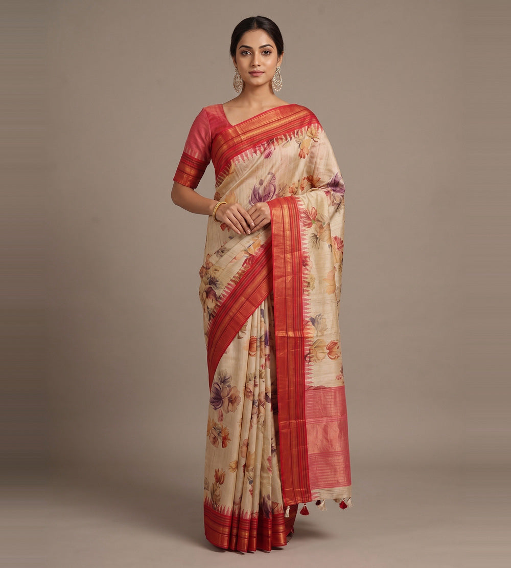 Beige Tussar Saree