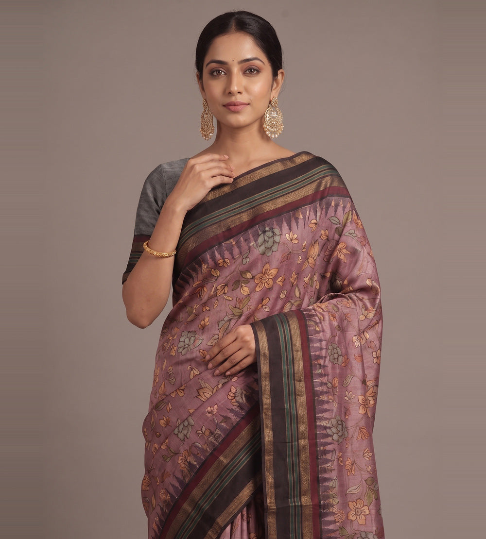 Muted Rose Pink Tussar Saree