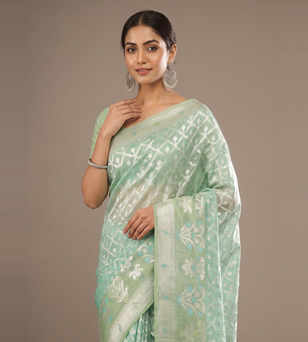 Pistachio Green Kora Organza Saree