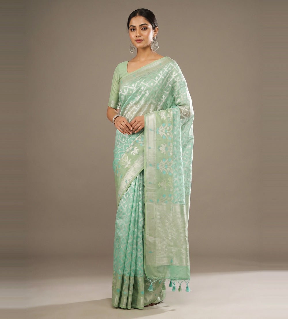 Pistachio Green Kora Organza Saree