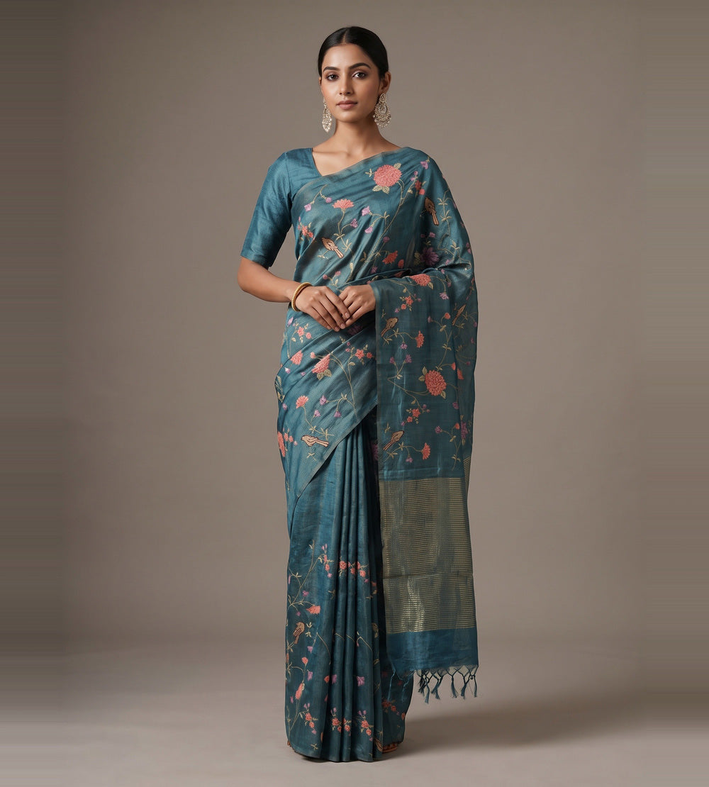 Peacock Blue Tussar Saree