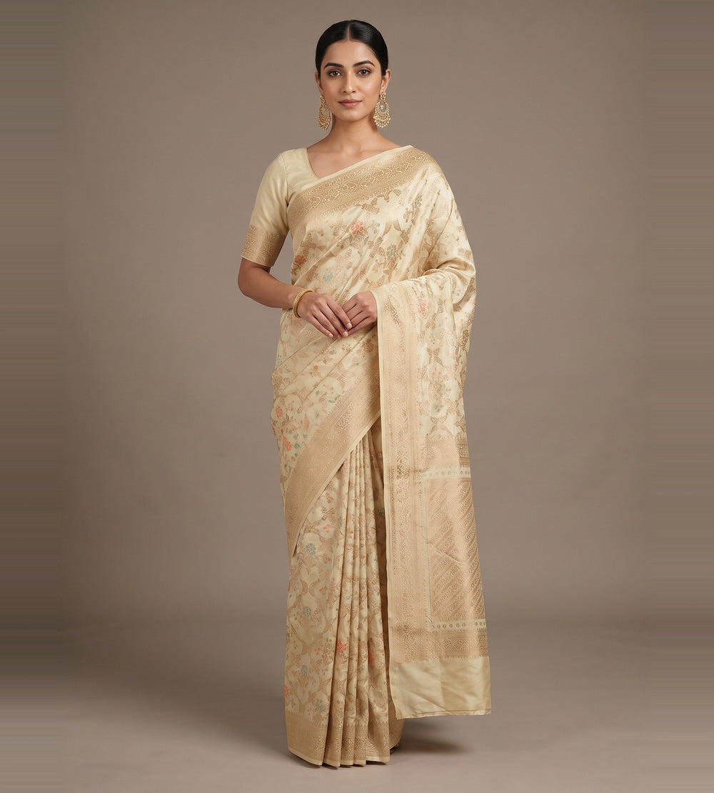 Creme Banarasi Silk Saree