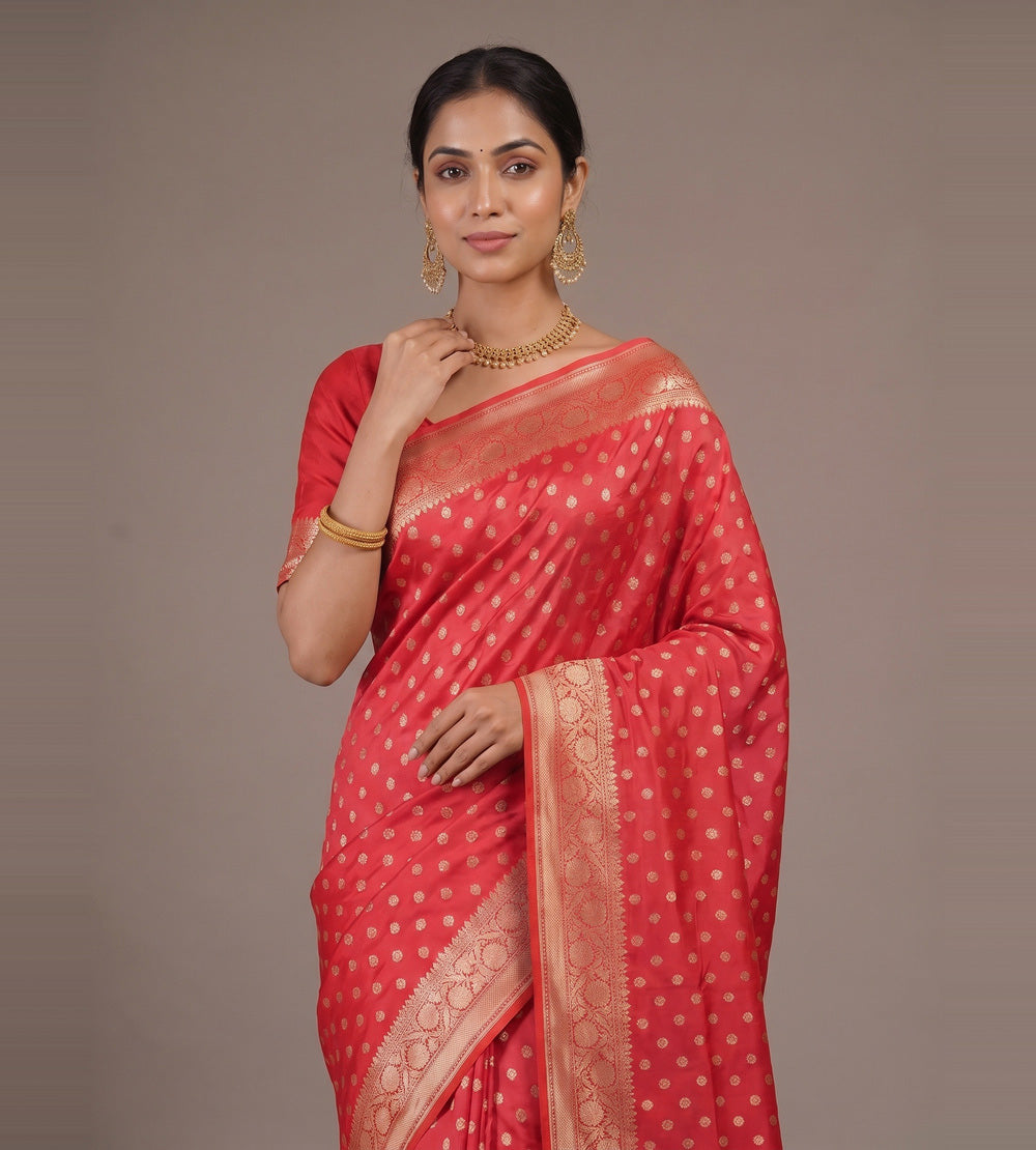 Orangish Pink Banarasi Silk Saree