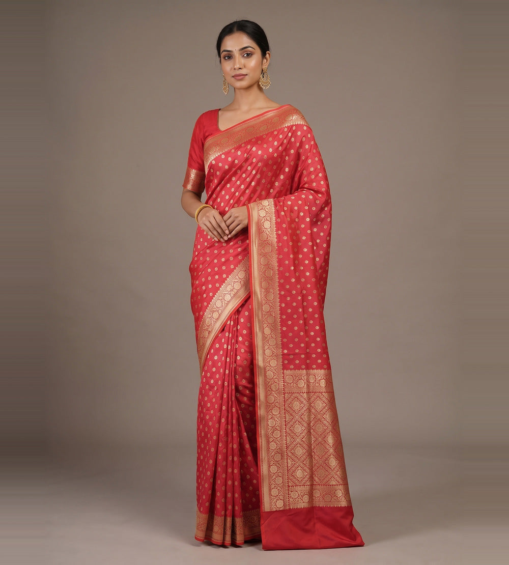 Orangish Pink Banarasi Silk Saree