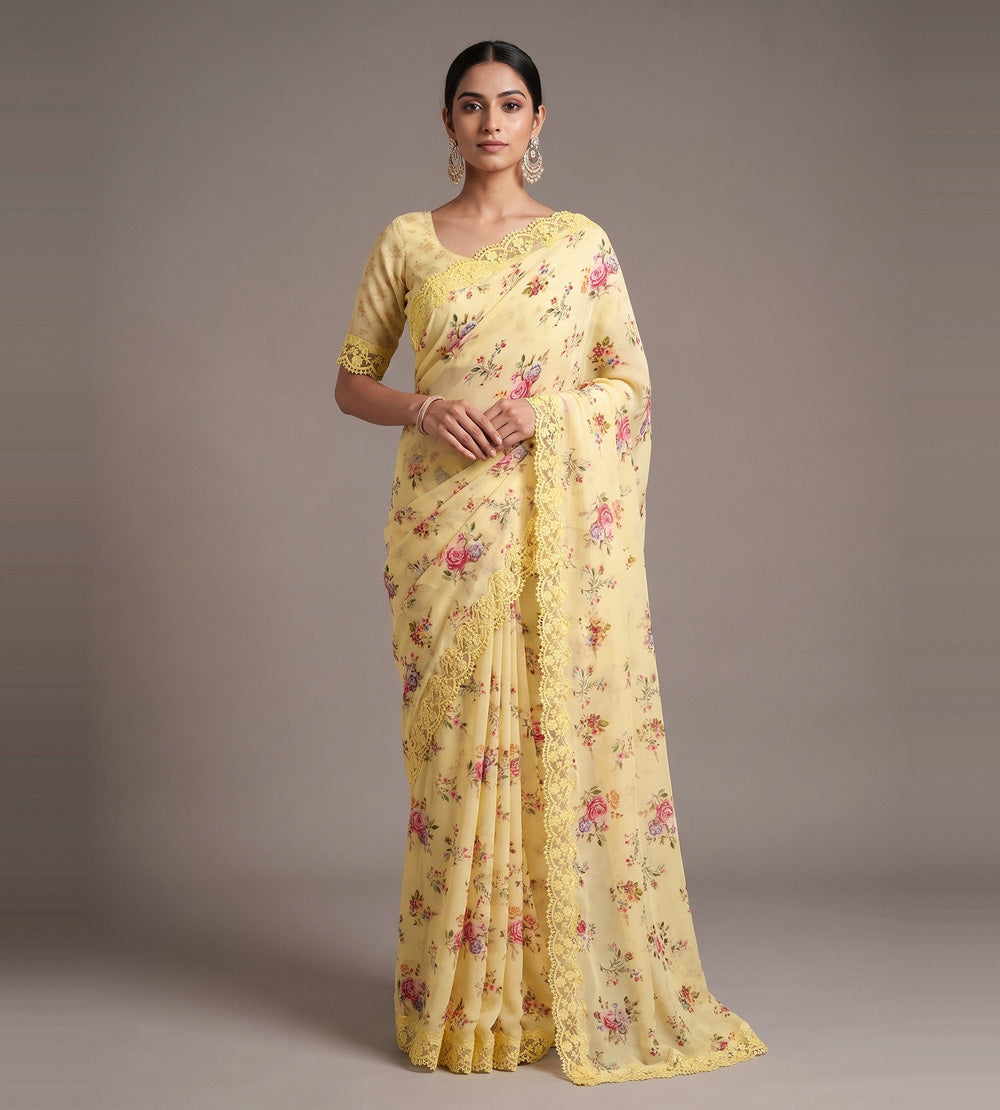 Pastel Yellow Chiffon Saree