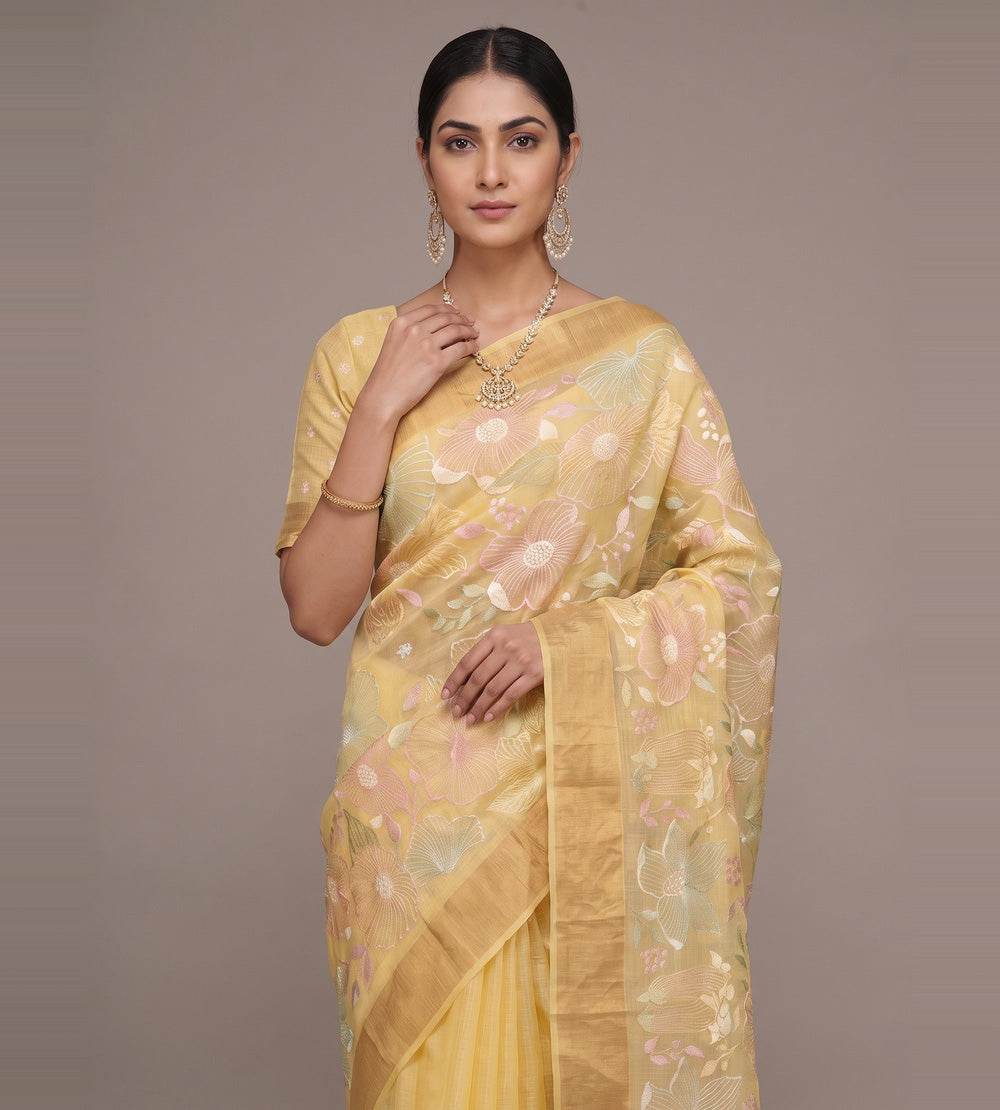 Pastel Yellow Kota Silk Saree