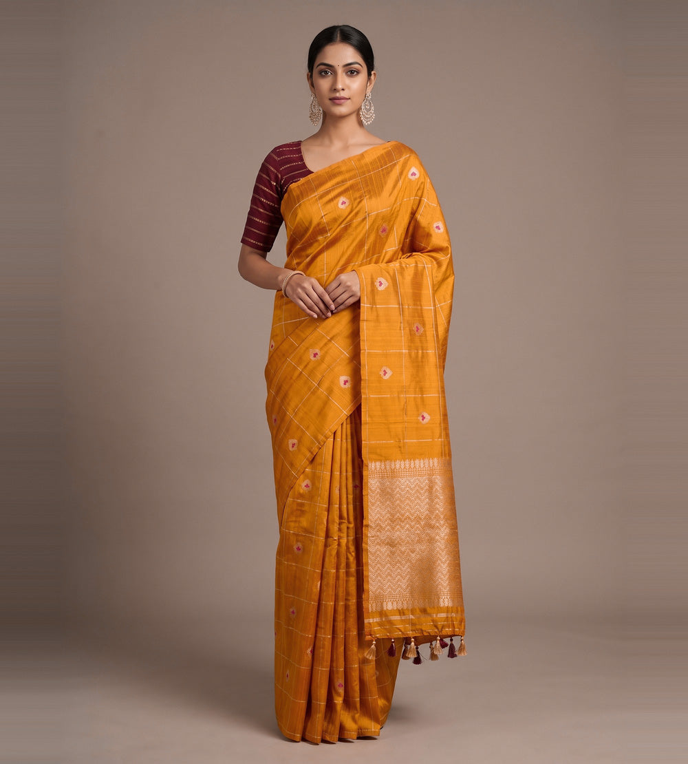 Tangerine Yellow Banarasi Tussar Saree