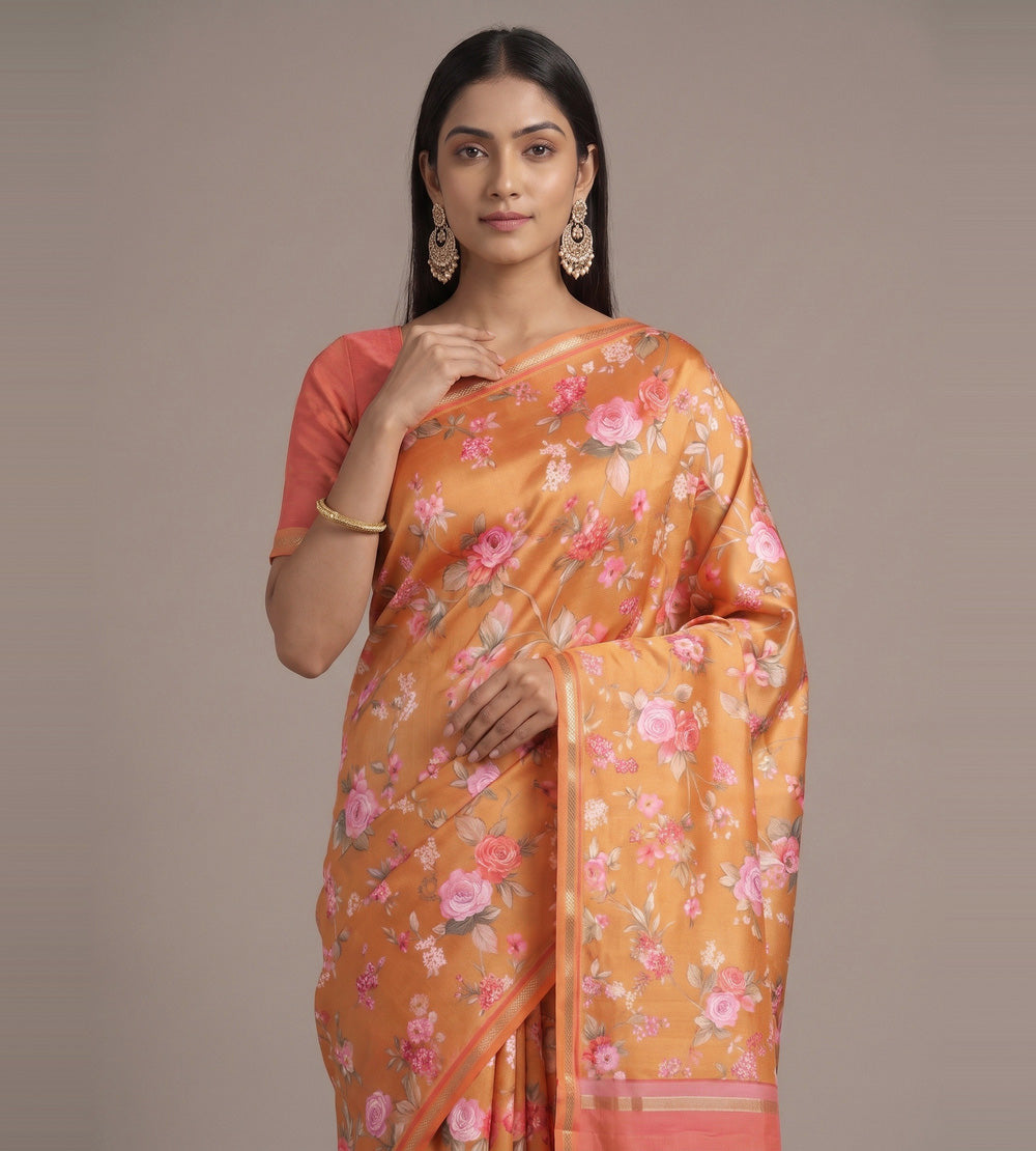 Peachy Orange Soft Silk Saree